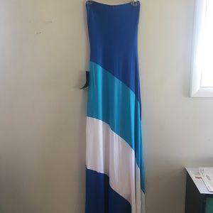 Strapless bebe long blue & white flow dress-small